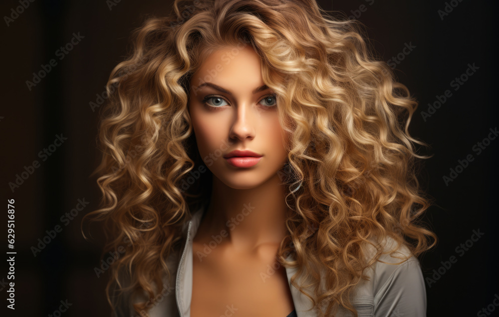 Portrait of a beautiful young woman with curly blonde hair. Generative AI. Portrait of a beautiful young woman with curly blonde hair. Generative AI.