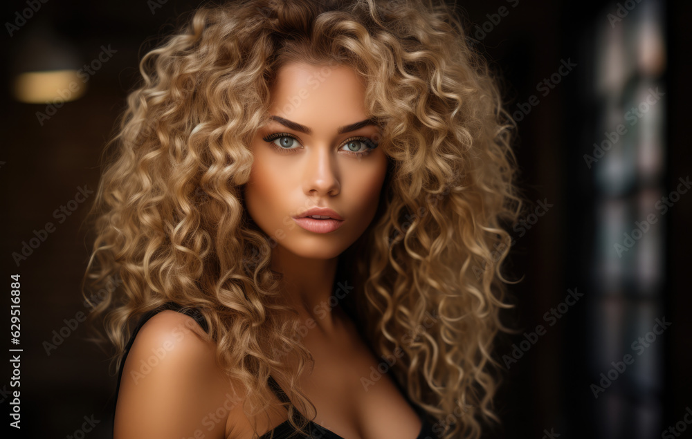 Portrait of a beautiful young woman with curly blonde hair. Generative AI. Portrait of a beautiful young woman with curly blonde hair. Generative AI.