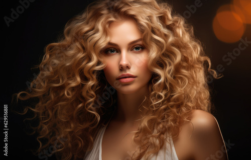 Portrait of a beautiful young woman with curly blonde hair. Generative AI. © JuanM