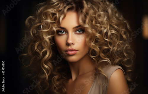 Portrait of a beautiful young woman with curly blonde hair. Generative AI.