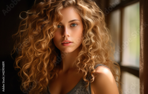 Portrait of a beautiful young woman with curly blonde hair. Generative AI.