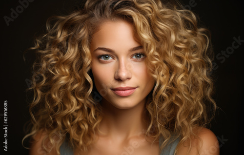 Portrait of a beautiful young woman with curly blonde hair. Generative AI.