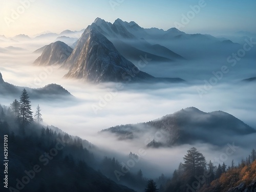 Photo realistic illustration of mountains forest fog morning mystic. AI Generated      © RIFATUL