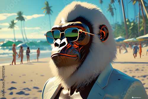 gorilla with sunglasses on the beach
