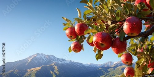 Fresh red apples on tree background. Healthy apple season. Organic fruit in mountain garden concept photo