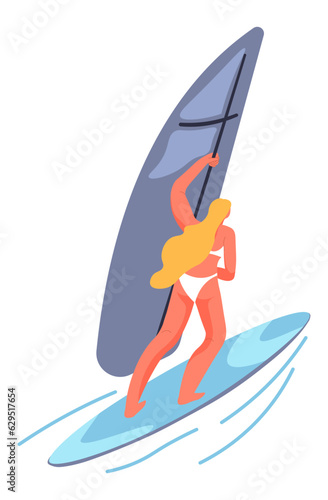 Sailboarding or windsurfing, practicing woman