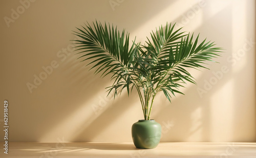 Plant in Trendy Green Vase inside Beige Room, Generative Ai