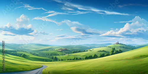 Green grass and hills in the background, Grass Blue Sky And White Clouds Background, A beautiful landscape with hills and clouds,  © Mustafa