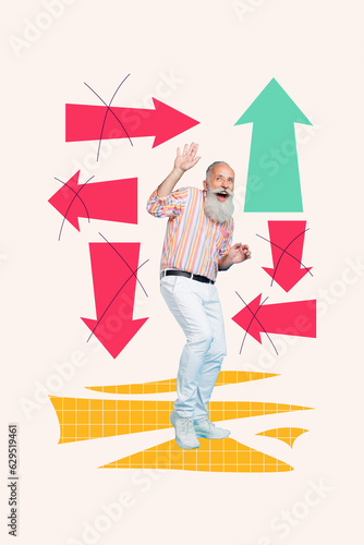Image collage poster placard of funky afraid man avoid wrong route direction arrows isolated on creative drawing background