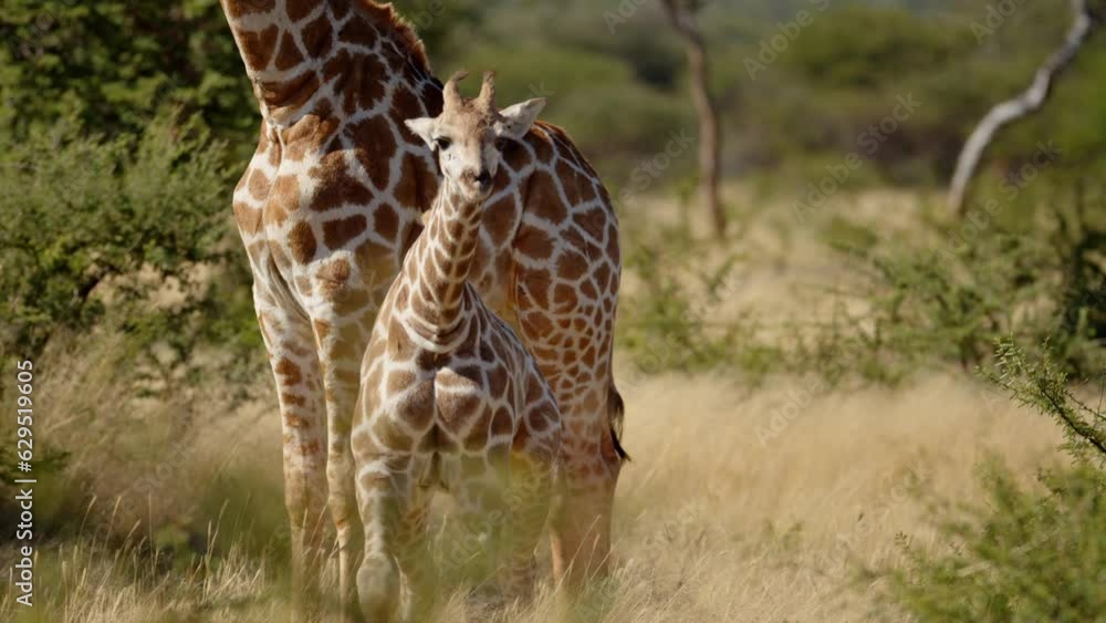 baby giraffe suckles mother in early morning light. Giraffe Giraffa in Kruger National Park, South Africa, Namibia. Amazing scene on safari watching wild animals. Concept of wildlife, nature, africa. baby giraffe suckles mother in early morning light. Giraffe Giraffa in Kruger National Park, South Africa, Namibia. Amazing scene on safari watching wild animals. Concept of wildlife, nature, africa.