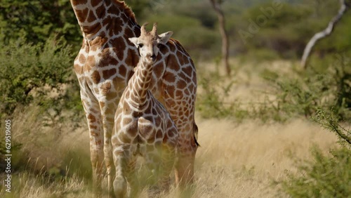 baby giraffe suckles mother in early morning light. Giraffe Giraffa in Kruger National Park, South Africa, Namibia. Amazing scene on safari watching wild animals. Concept of wildlife, nature, africa.