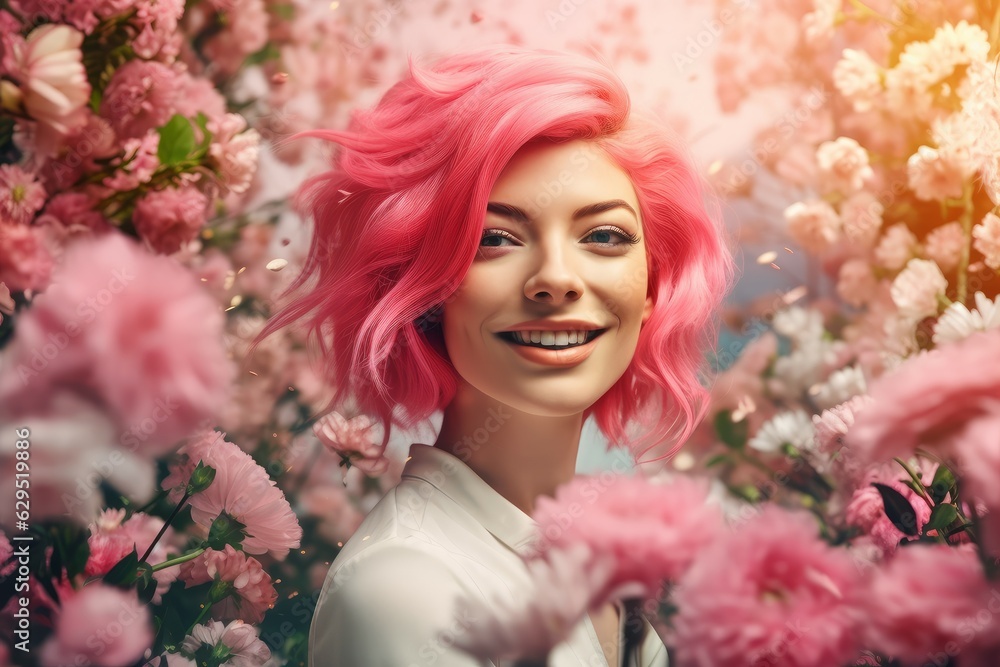 Pink hairs woman. Generate Ai