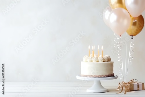 Birthday white cake decorated with candles, sweets, cream on a light white background with balloons. Generative AI