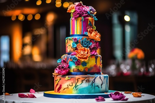 Colorful huge bright cake decorated with flowers, sweets, lollipops, chocolate. Generative AI