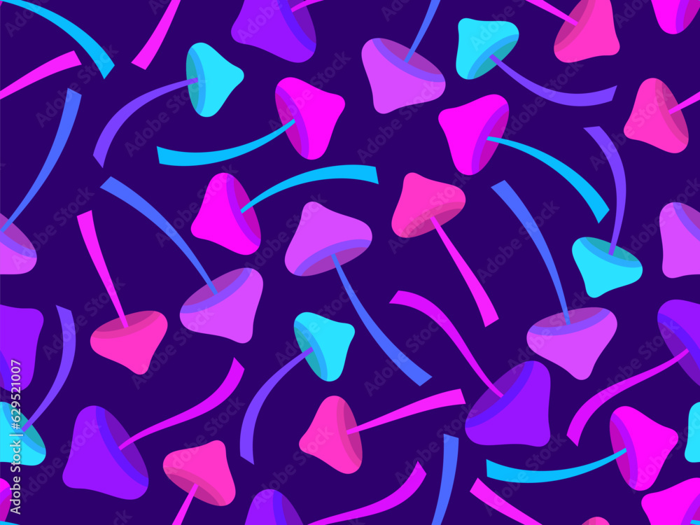 Colorful mushrooms seamless pattern. Mushroom on a long stalk in the style of the 80s. Hallucinogens and psychedelic mushrooms. Design for posters, banners and wallpapers. Vector illustration Colorful mushrooms seamless pattern. Mushroom on a long stalk in the style of the 80s. Hallucinogens and psychedelic mushrooms. Design for posters, banners and wallpapers. Vector illustration