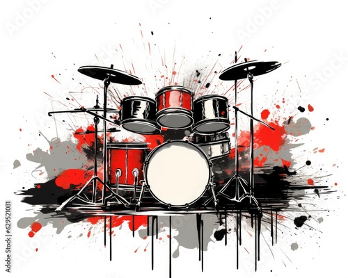 There's a paint-splattered drum set and a black one with a red spot on a white background. (Generative AI)