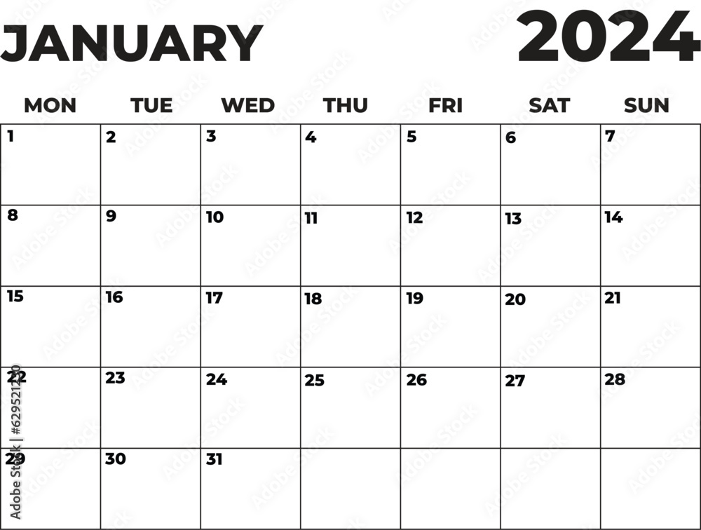 January 2024 Black and White Monday Start Landscaped Monthly Planner