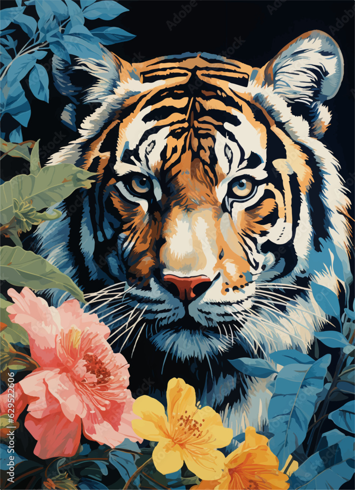 tiger in the middle of flowers