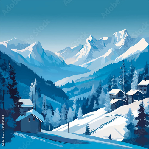winter landscape with mountains, Swiss alpine village in the style of deconstructed shapes