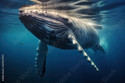 illustration of large whale splashing on waving sea water with foam in daylight near mountain landscape. Generative AI