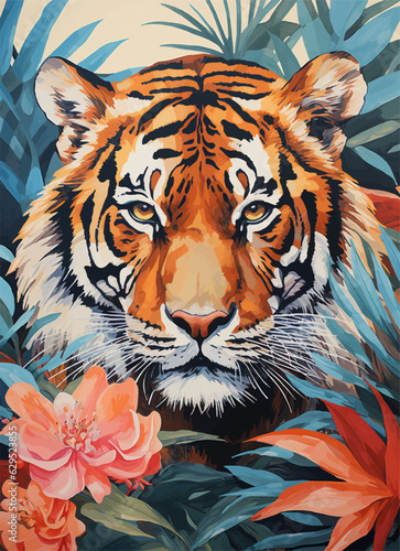 tiger in the forest  colorful illustration print  tiger with flowers