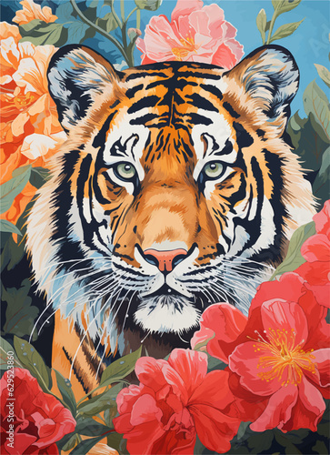 tiger in the forest, colorful illustration print, tiger with flowers