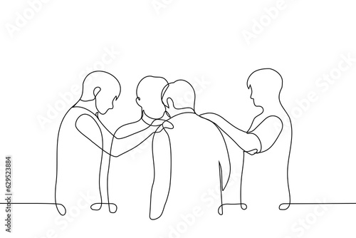men put their hands on shoulder, stroking, comforting sad man with bowed head - one line art vector. concept to comfort, male skinship in friendship, community support, male friendship, brotherhood