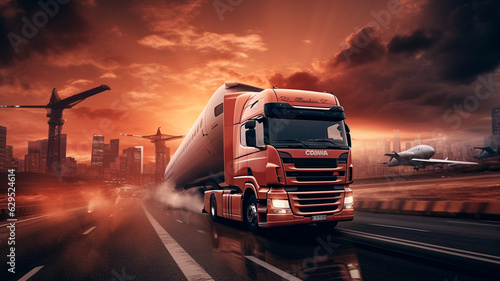 truck with a large trailer on the background of the sunset. Generative AI © Aghavni