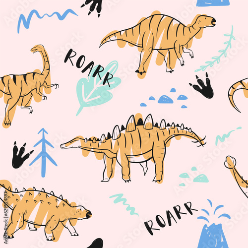 childish dinosaur seamless pattern for fashion clothes, fabric, t shirts. hand drawn vector with lettering.