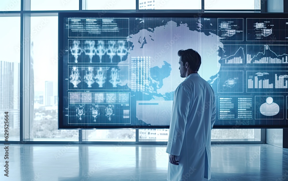 Scientist doctor in white coat standing in front of futuristic medical technical device with screen and looking at it, back view of doctor, generative ai Scientist doctor in white coat standing in front of futuristic medical technical device with screen and looking at it, back view of doctor, generative ai