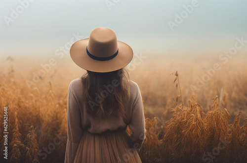 woman in the hat in the foggy autumn field facing away of camera. view from a back