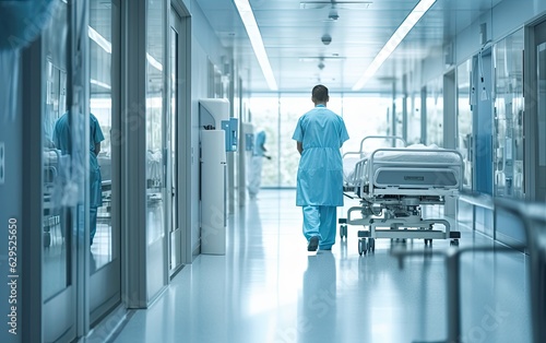 Doctor or nurse walks along the corridor of the hospital with hospital bed, generative ai