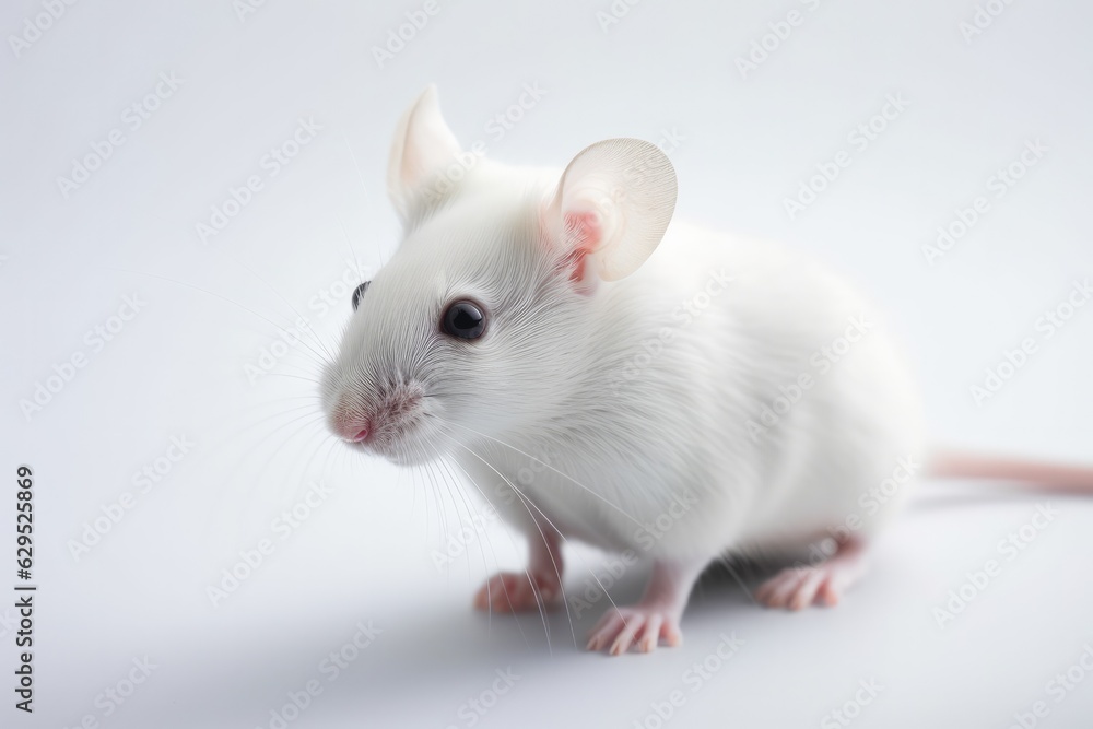 Close-up, white fluffy mouse on a white background