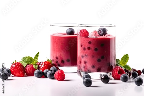 Delicious pink berry smoothie on white background