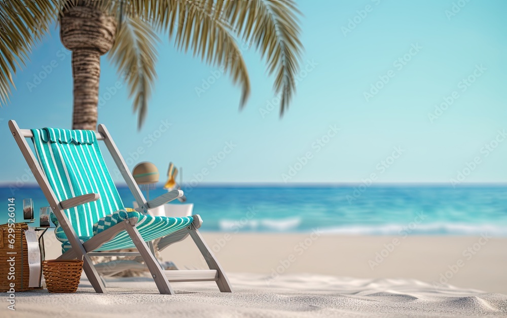 Empty wooden deckchair or sunbed and beach accessories on sandy sea shore, generative ai
