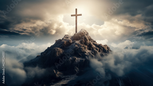 cross of Jesus with on cloudy mountain top, in the style of detailed fantasy art, cross in the clouds with the sun shining on it.