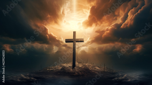 cross of Jesus with on cloudy mountain top, in the style of detailed fantasy art, cross in the clouds with the sun shining on it.