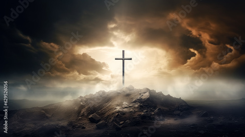 cross of Jesus with on cloudy mountain top, in the style of detailed fantasy art, cross in the clouds with the sun shining on it.
