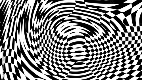 Black and white chess wave pattern. Checker board swirl background.