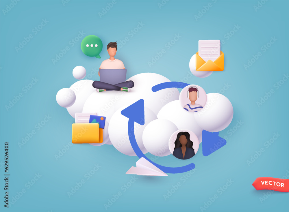Connected people as social community networking worldwide. Cooperation and teamwork using internet connection. 3D Web Vector Illustrations.