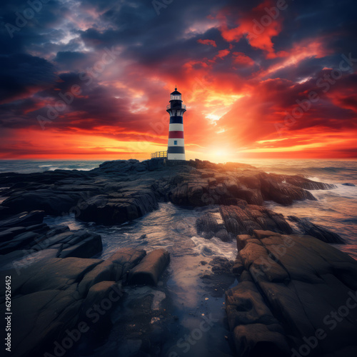 Beautiful lighthouse adorned night time seascape with a gloomy sky at sunset