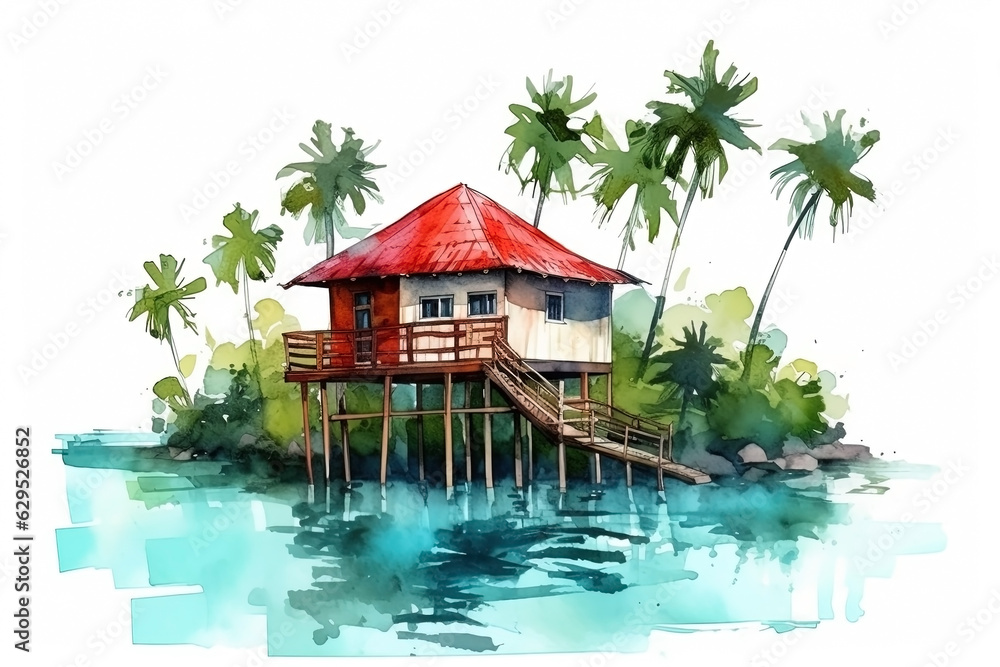 Watercolor bungalow at the seaside with palm trees, vacation illustration