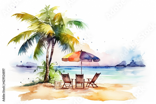 Watercolor sun loungers with umbrella on the beach illustration
