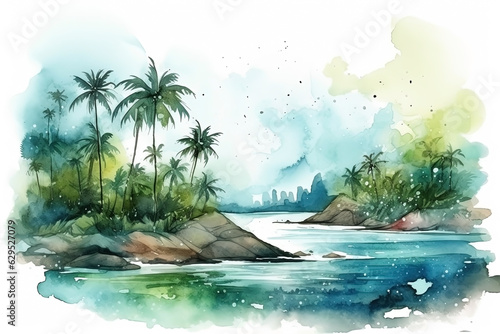 Watercolor tropical island illustration