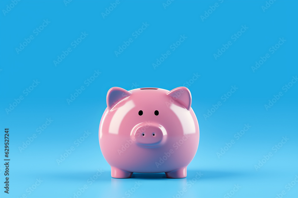 3d pink piggy bank with money creative business concept on blue background. Generative AI.