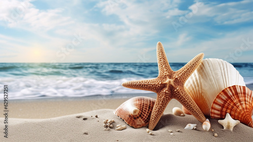 Beautiful sandy beach with starfish and shells for poster, banner
