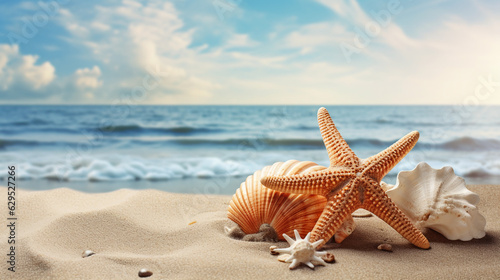 Beautiful sandy beach with starfish and shells for poster  banner