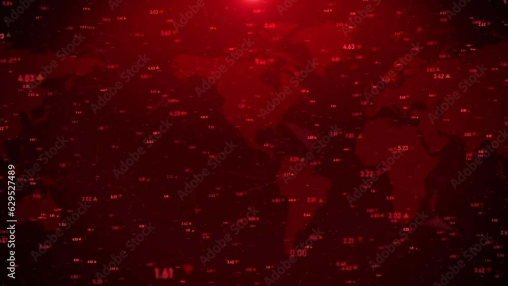 Futuristic finance and stock market Red background with map and numbers