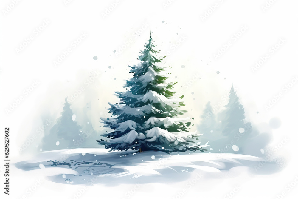 Illustration of a snowy forest with green spruce