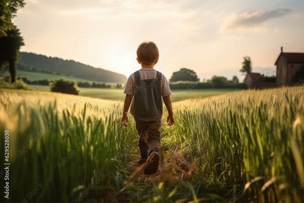 A child walks in nature, a little boy walks in the grass, view from the back. AI generative.